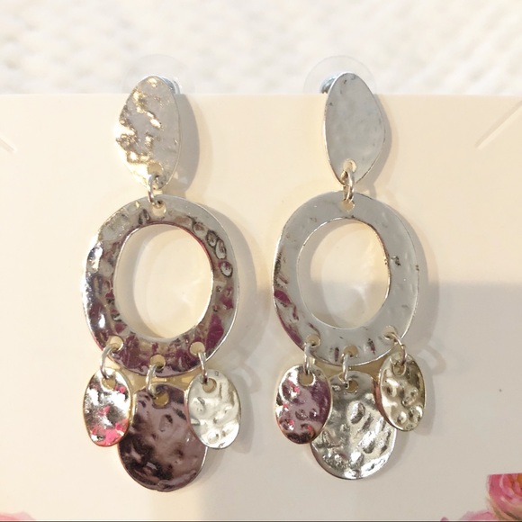 Silver tone Geometric Hammered Dangle Earrings - Picture 3 of 3